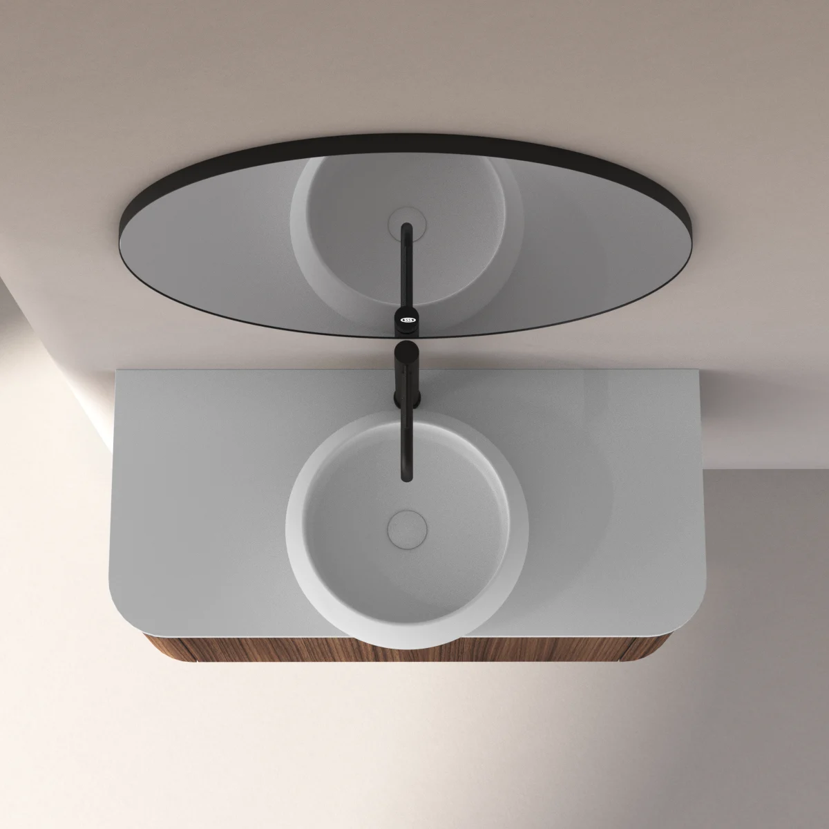 Meuble suspendu 100 cm, placage noyer naturel avec plan en résine minérale blanc mat, Anna