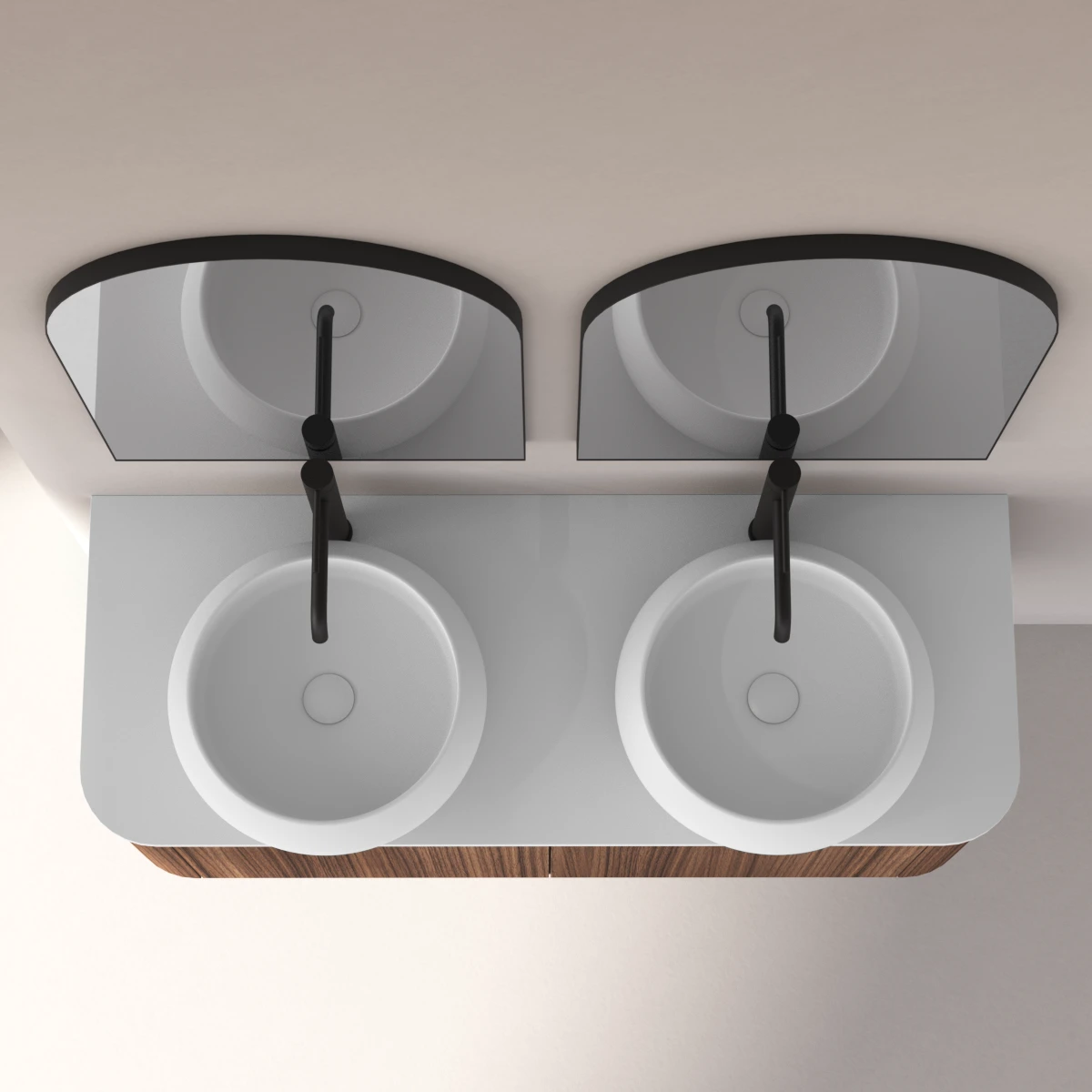    Meuble suspendu 120 cm, placage noyer naturel avec plan en résine minérale blanc mat, Anna