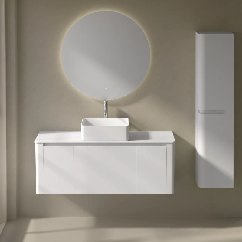 Meuble suspendu blanc mat, 120 cm, avec plan en résine minérale, Panthéon