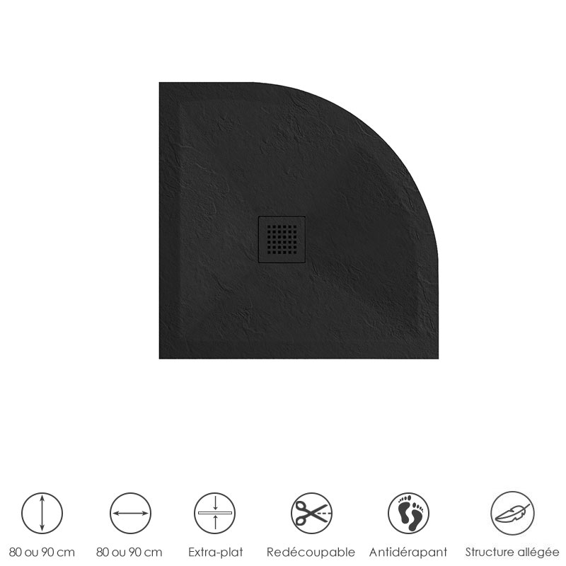 Receveur de douche 1/4 de rond 80 ou 90 cm, grille noire, Composite Noir, Fjord