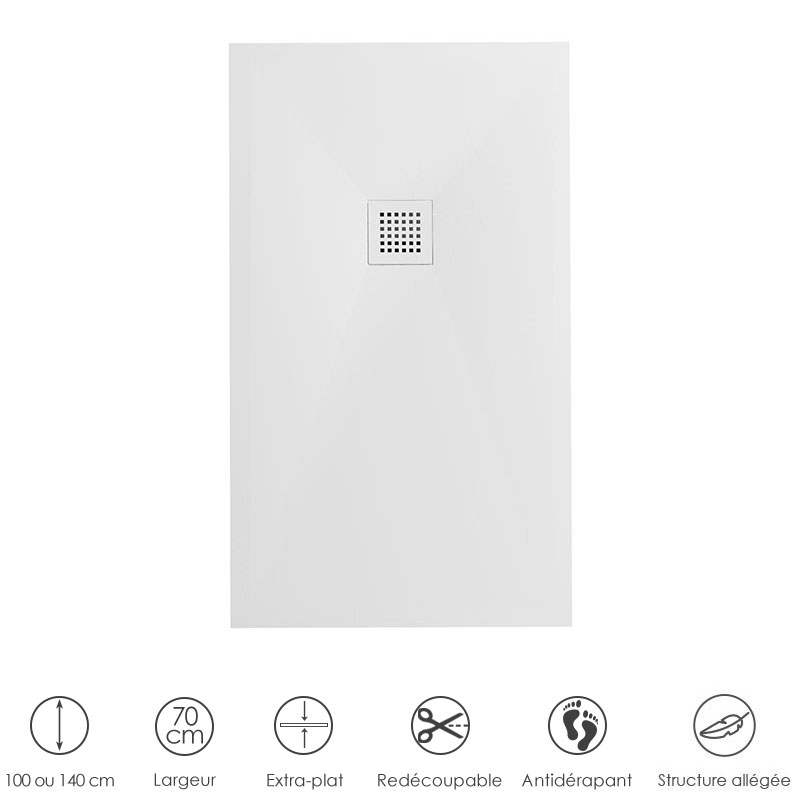 Receveur de douche 70x100cm Grille blanche, Solid Surface Blanc, Toscane