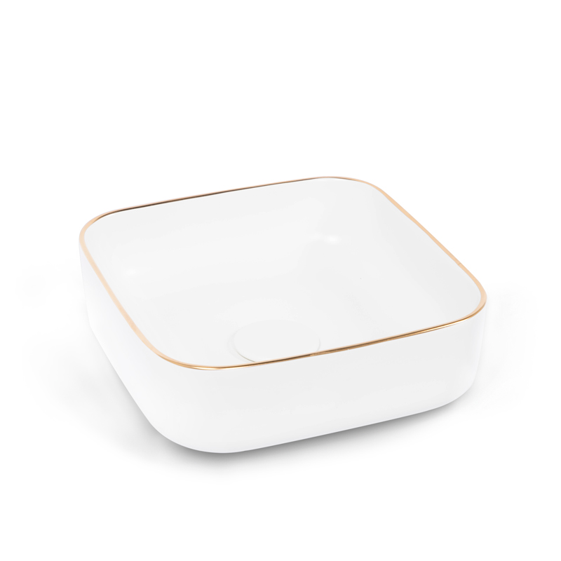 Vasque à poser 37,5 x 37,5 cm carrée, céramique, Blanc mat avec liseré Or, made in France, Fil