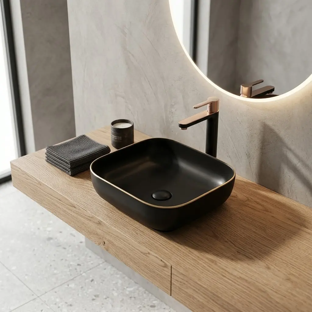 Vasque à poser 45 x 43 cm carrée, céramique, Noir mat avec liseré or, made in France, Eva