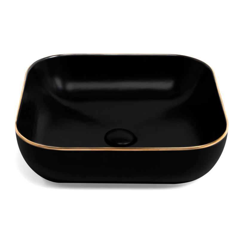 Vasque à poser 45 x 43 cm carrée, céramique, Noir mat avec liseré or, made in France, Eva