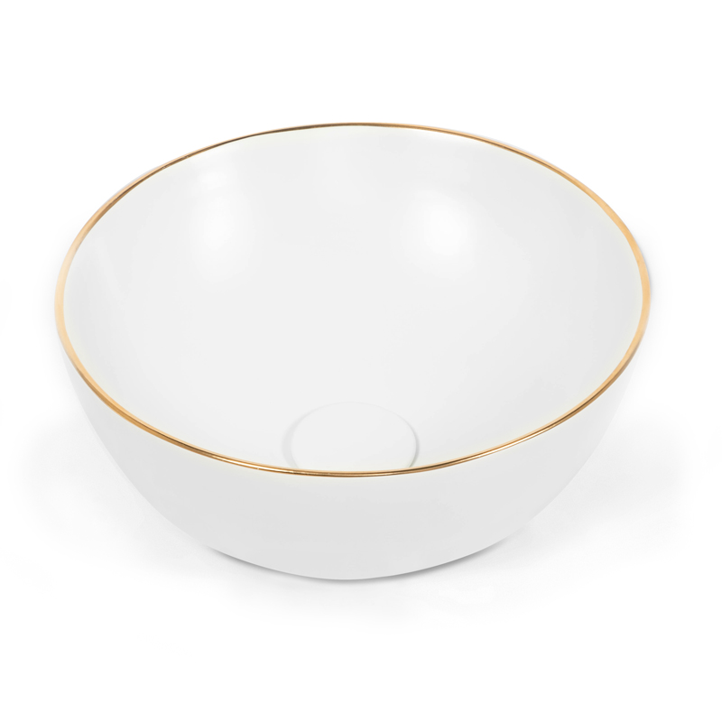 Vasque à poser 41 x 37 cm ronde, céramique, Blanc mat avec liseré Or, made in France, Fil