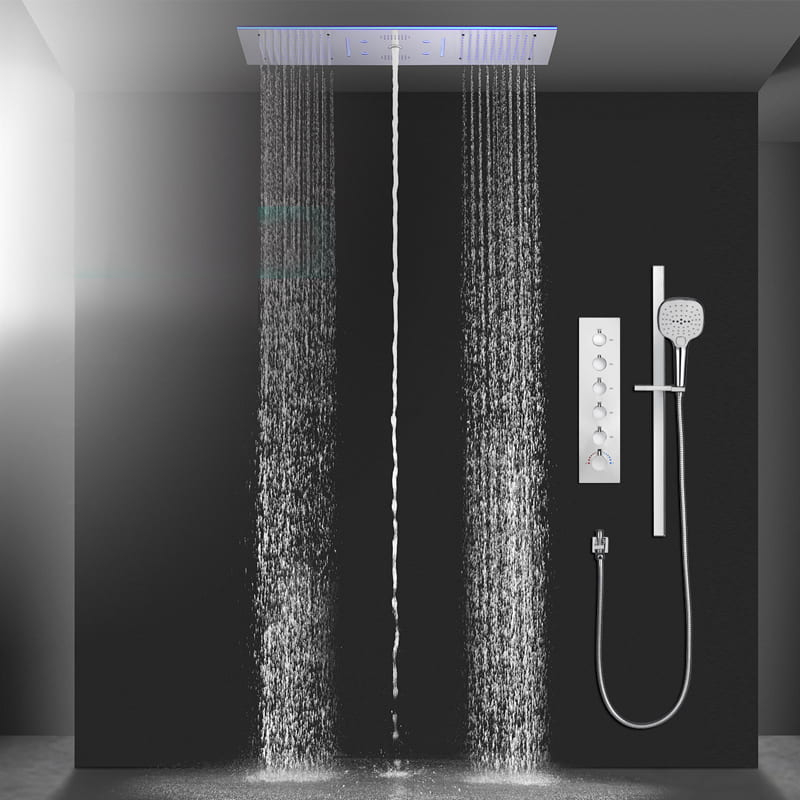 Douche thermostatique 5 voies, ciel de pluie 90x30 cm, Couleurs et musique
