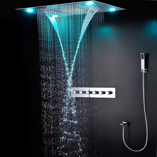 Composition de douche thermostatique, ciel de pluie 80x60 cm avec chromothérapie, Colours