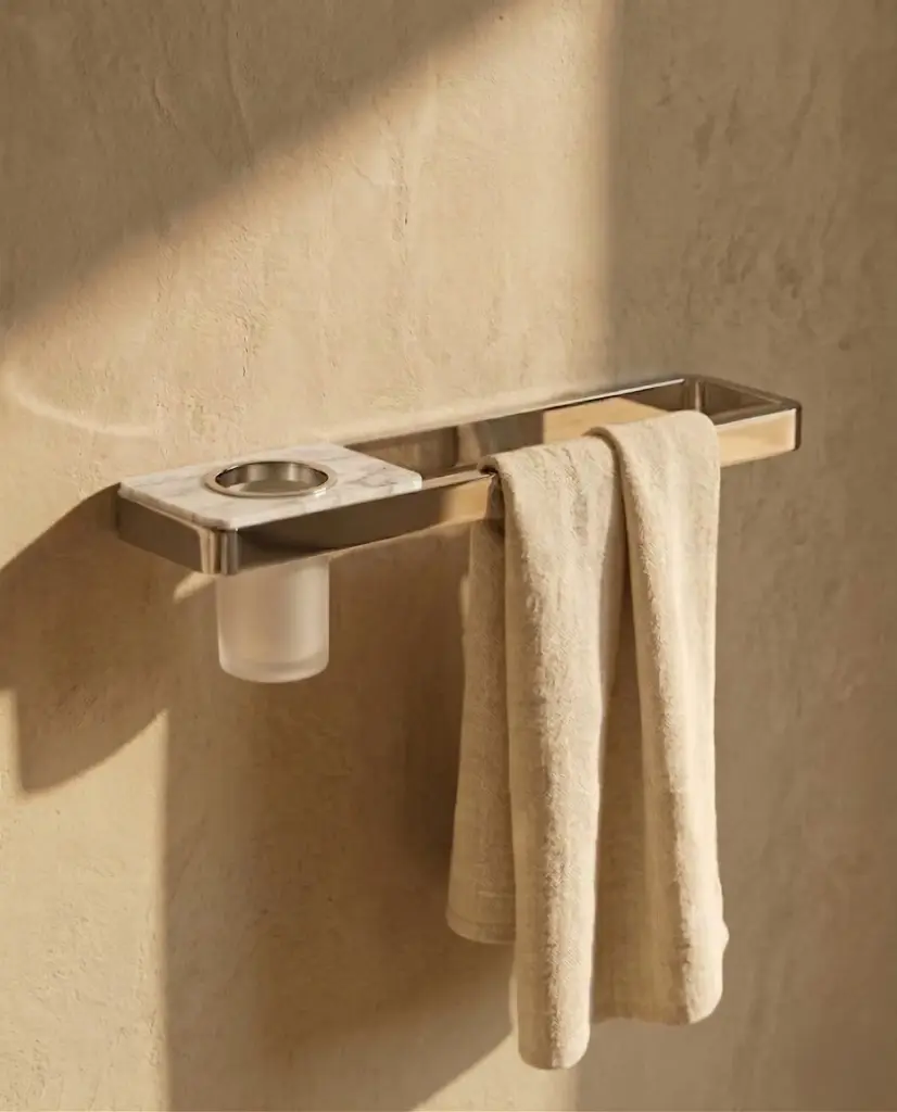 Barre porte serviette 45cm avec porte gobelet, finition marbre blanc, Infinity Elements