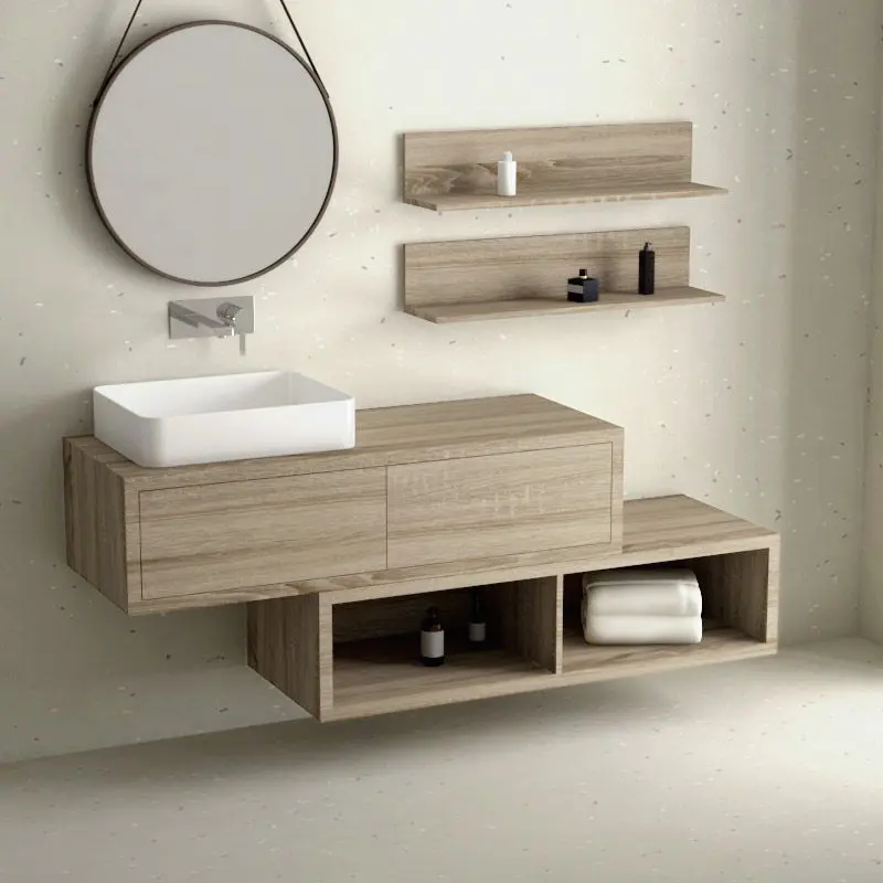 Ensemble meuble salle de bain 120 cm + caisson rangement et tablettes, Cambrian, Step