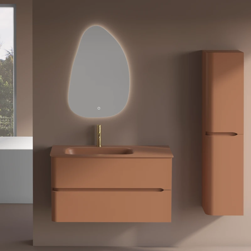Meuble suspendu Terracotta Mat, 100 cm, avec plan vasque encastré en verre, Sorbonne