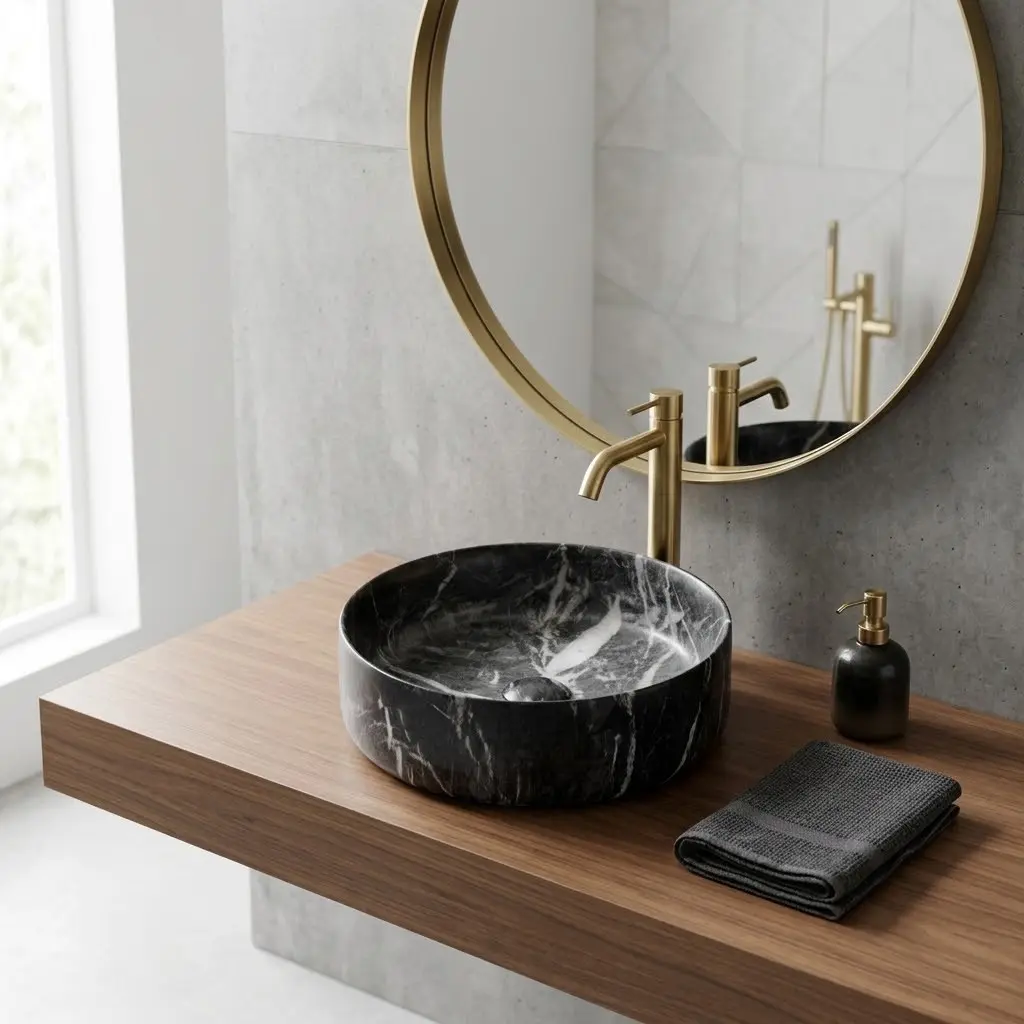 Vasque Céramique, 35x35x12CM, Effet Marbre Noir Mat, Como