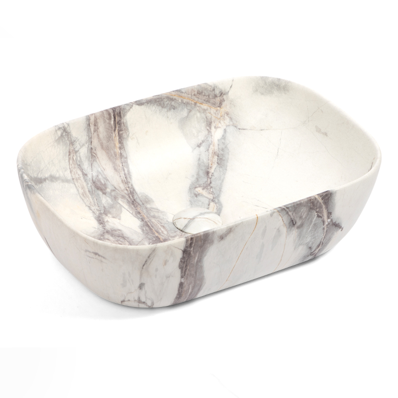 Vasque Céramique, 46x32x13CM, Effet Marbre Blanc Mat, Orta