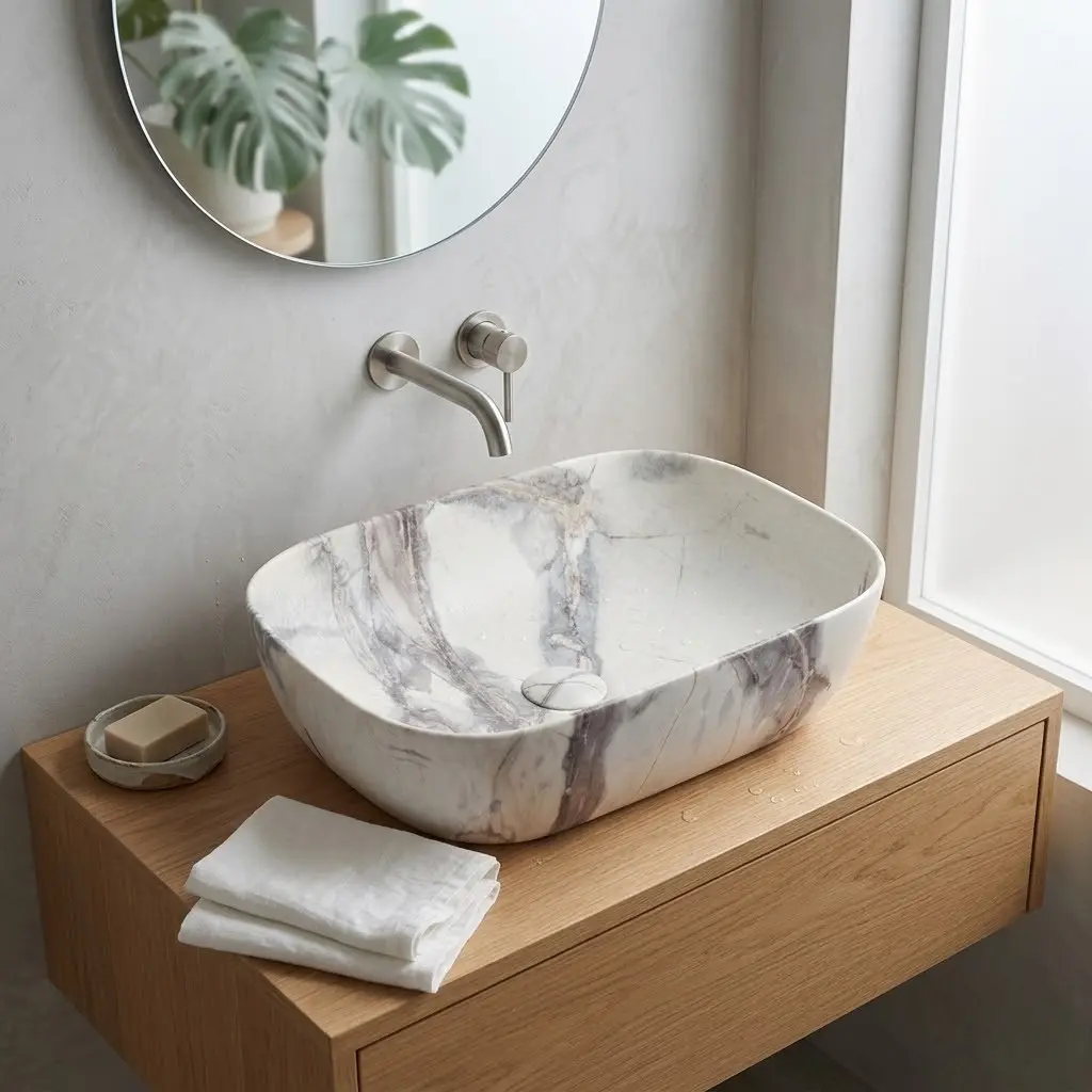 Vasque Céramique, 46x32x13CM, Effet Marbre Blanc Mat, Orta