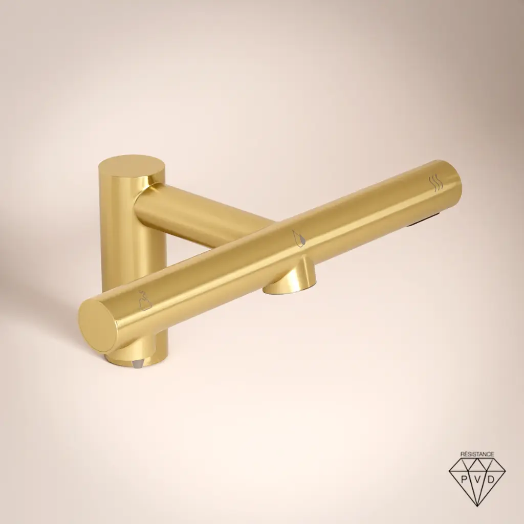 Robinet Electronique + Distributeur de savon + Sèche-mains sur plage, doré brossé Orly Air