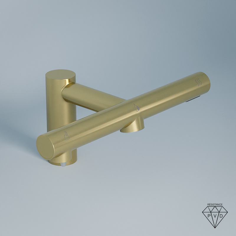 Robinet Electronique + Distributeur de savon + Sèche-mains sur plage, doré brossé Orly Air