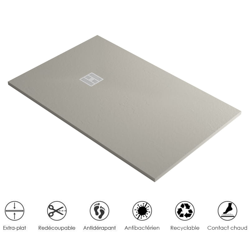 Receveur de douche 120x80 cm,  Greige + Grille + Bonde, Nuance