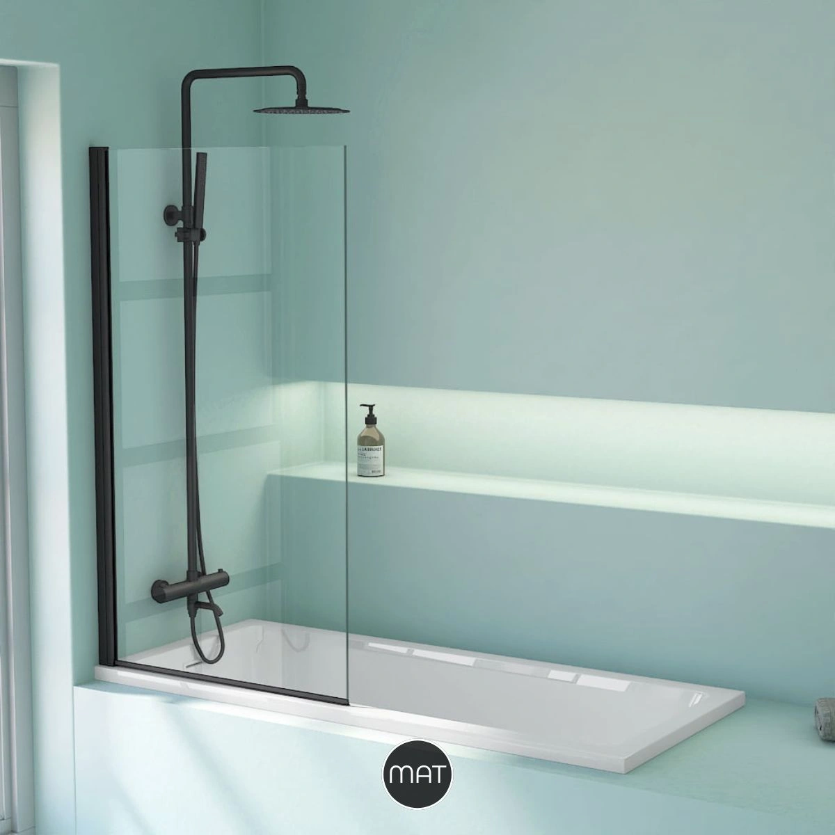 Pare baignoire 80x140cm, profilé noir mat, Palma