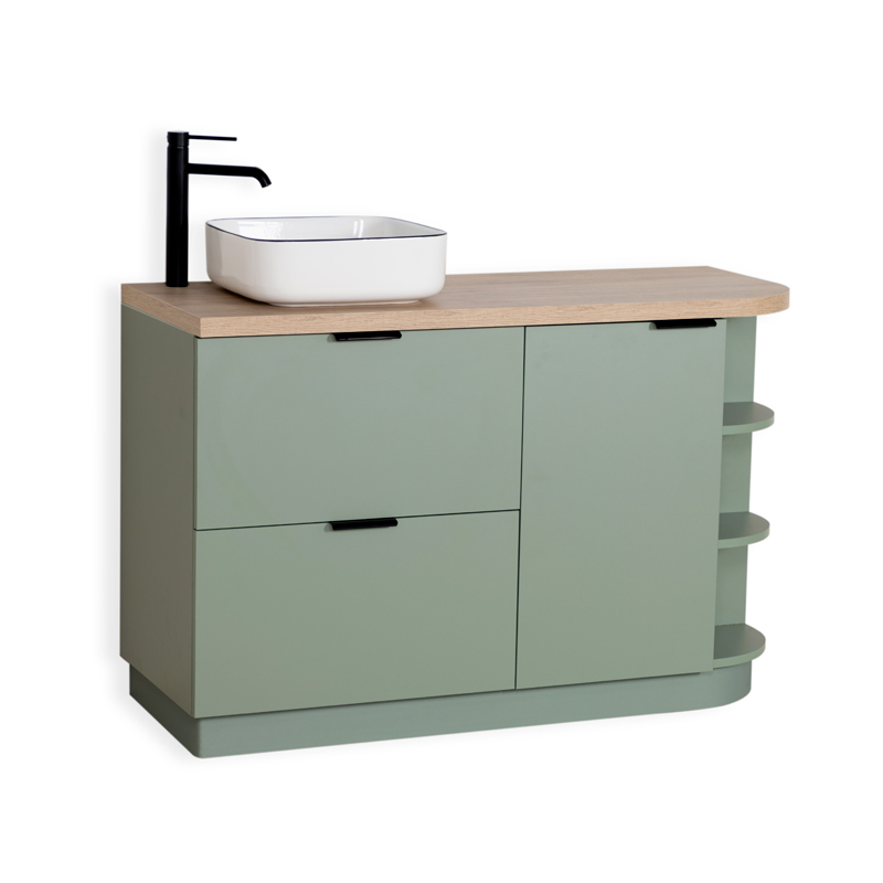 Meuble à poser 120 cm, vert arcilla et bois chêne Denver avec poignées noir mat, Alma