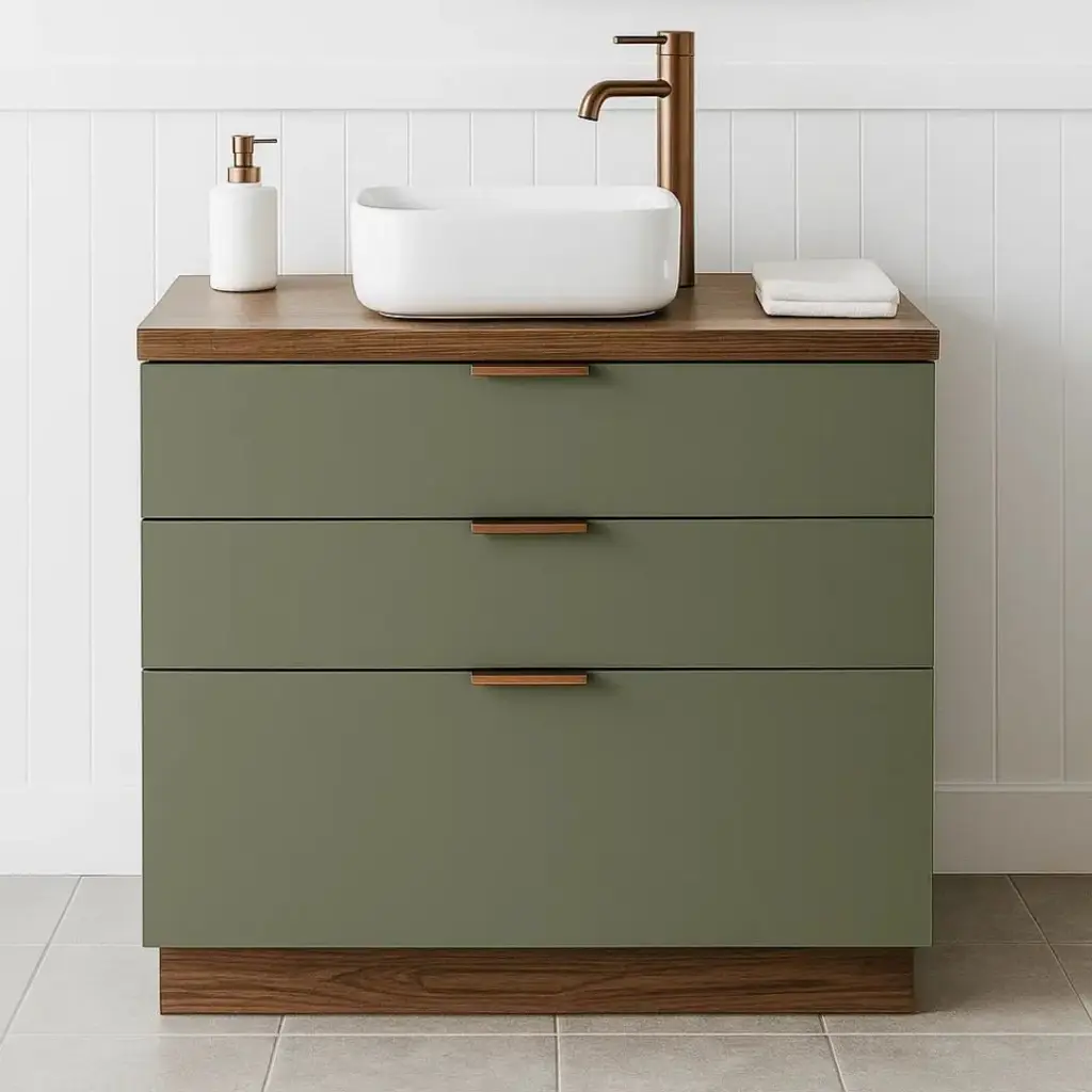 Meuble à poser 80 cm, vert olive et bois noyer avec poignées doré rose brossé, Alma