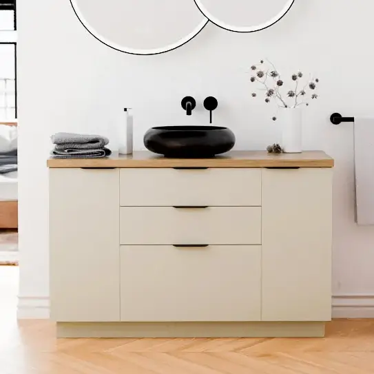 Meuble 120 cm Biscuit et Plan aspect chêne clair, 3 tiroirs et 2 portes Alma