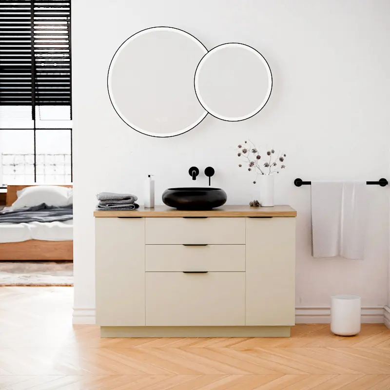 Meuble 120 cm Biscuit et Plan aspect chêne clair, 3 tiroirs et 2 portes Alma