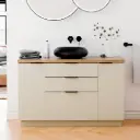 Meuble 120 cm Biscuit et Plan aspect chêne clair, 3 tiroirs et 2 portes Alma