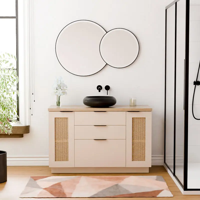 Meuble Cannage en rotin 120 cm, beige, plan imitation chêne clair, Alma