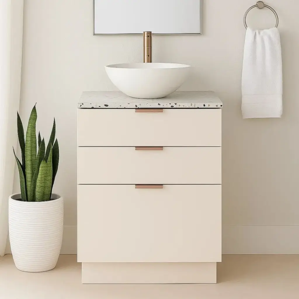 Meuble à poser 60 cm, biscuit avec poignées doré rose brossé et plan terrazzo, Alma