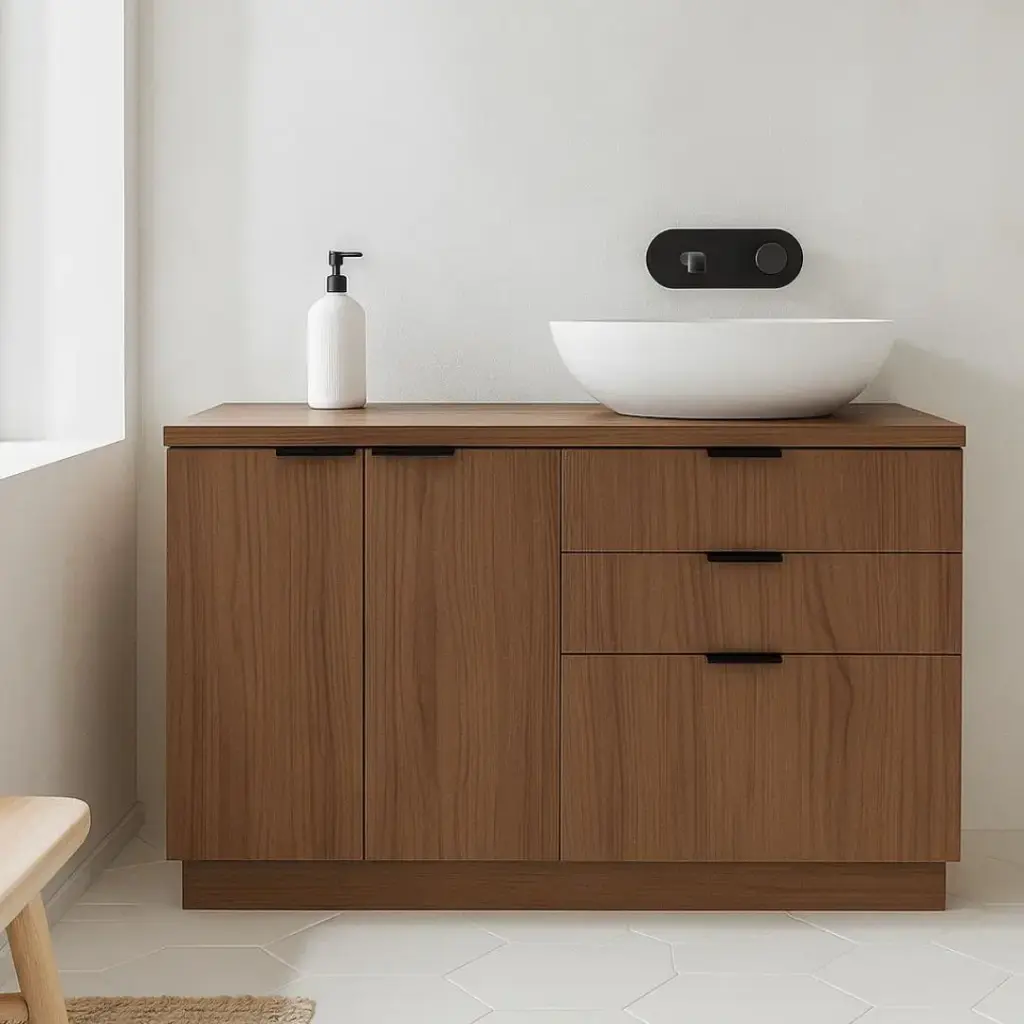 Meuble à poser 120 cm, bois noyer avec poignées noir mat, Alma