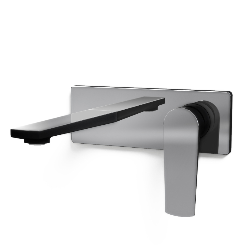 Robinet mitigeur lavabo mural, chromé et noir mat + bonde, Alma