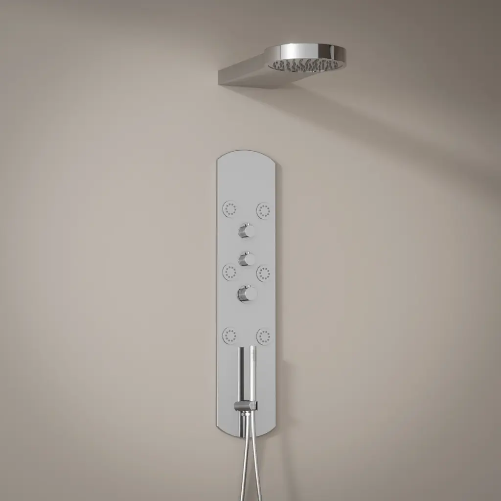Silk, panneau de douche encastré hydromassant et leds, thermostatique, acier inoxydable