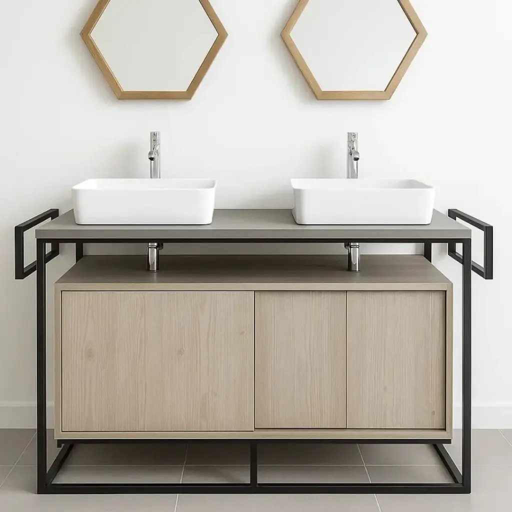Meuble salle de bains en bois massif 185 cm, double vasque, Atelier