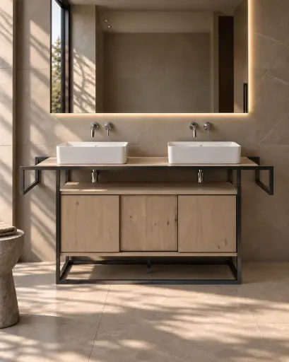 Meuble salle de bains en bois massif 185 cm, double vasque, Atelier