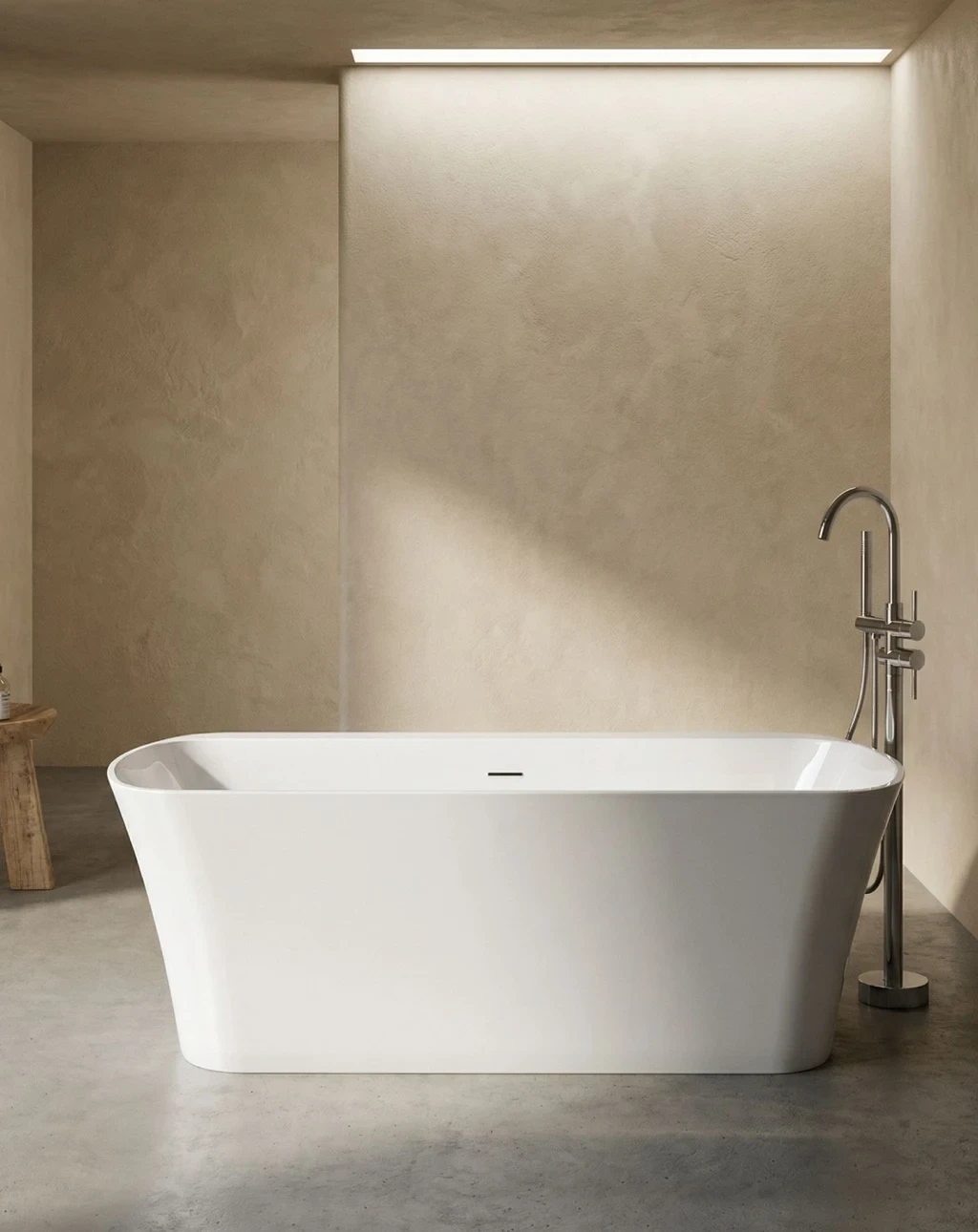 Baignoire îlot rectangulaire en acrylique finition blanc brillant ou mat avec plage.