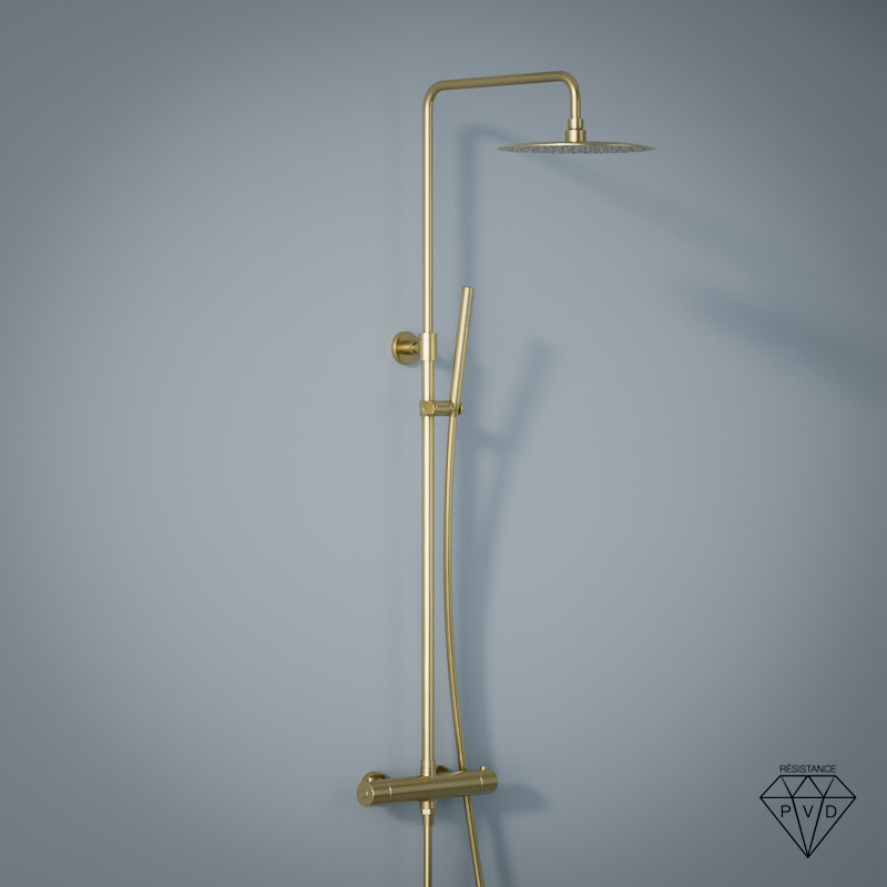 Colonne de douche avec mitigeur thermostatique, Ø25cm, doré brossé, Châtelet