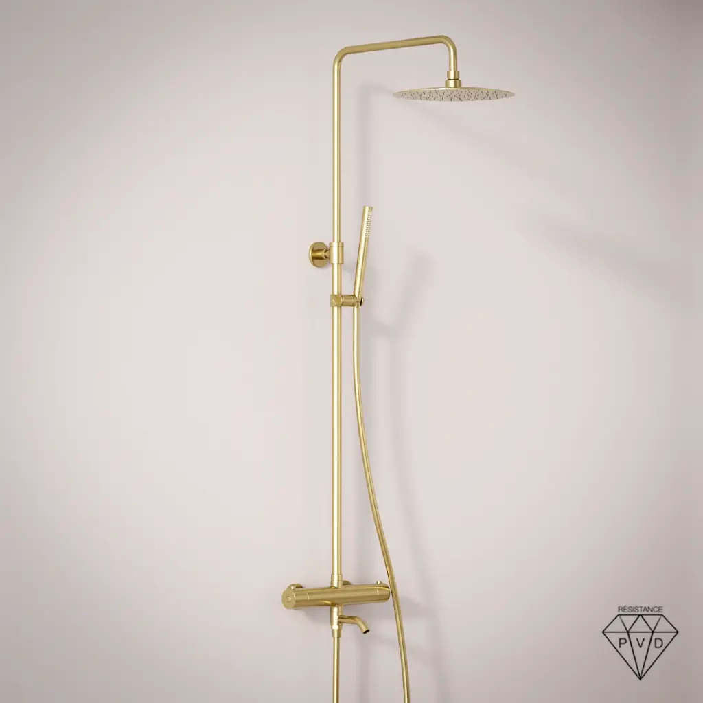 Colonne bain-douche avec mitigeur thermostatique, Ø25cm, doré brossé, Châtelet III
