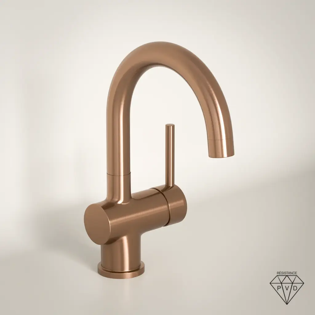 Robinet mitigeur lavabo col de cygne doré rose brossé, Châtelet