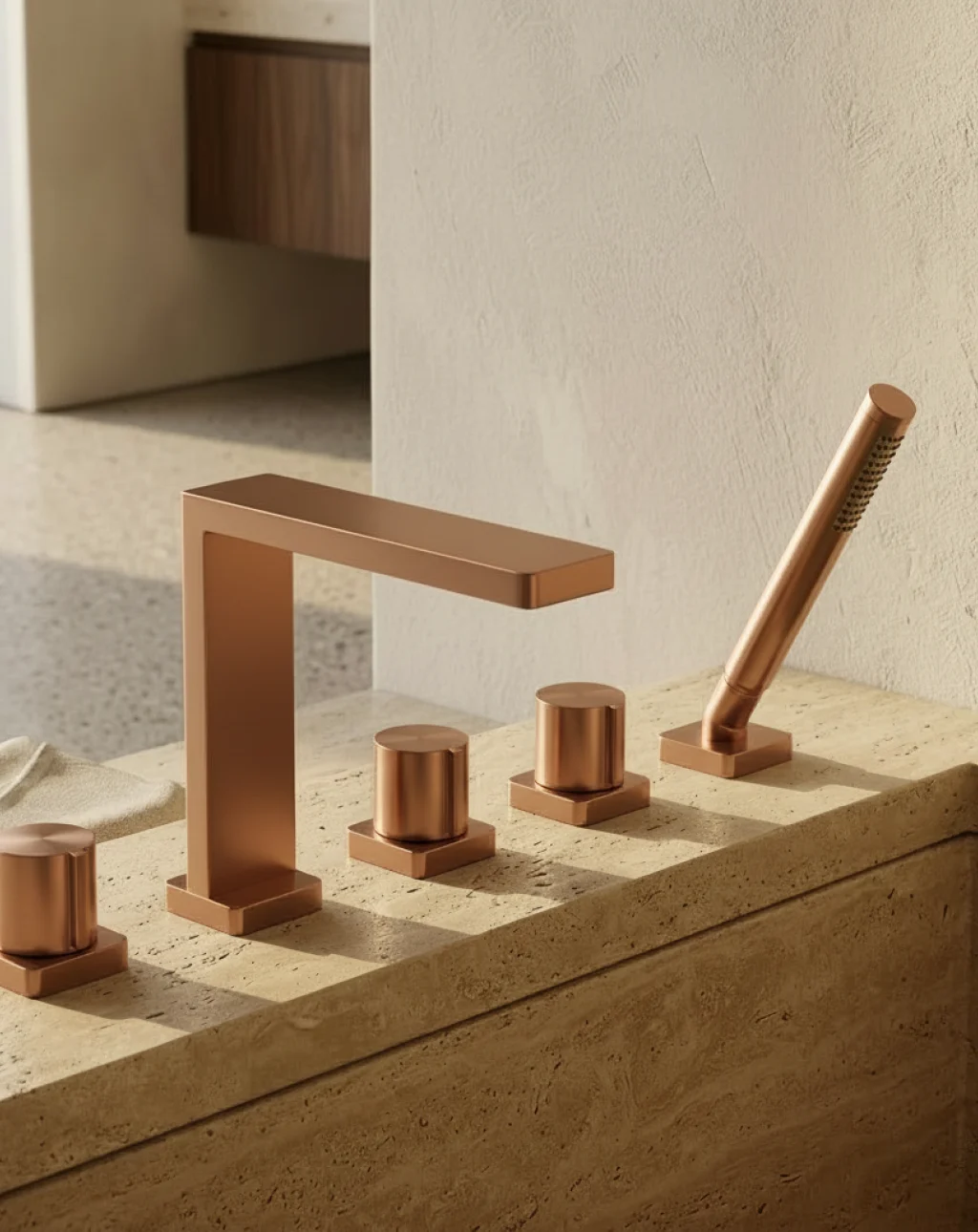 Robinet mélangeur bain-douche, 5 trous laiton, 45cm, or rose mat, Carrousel