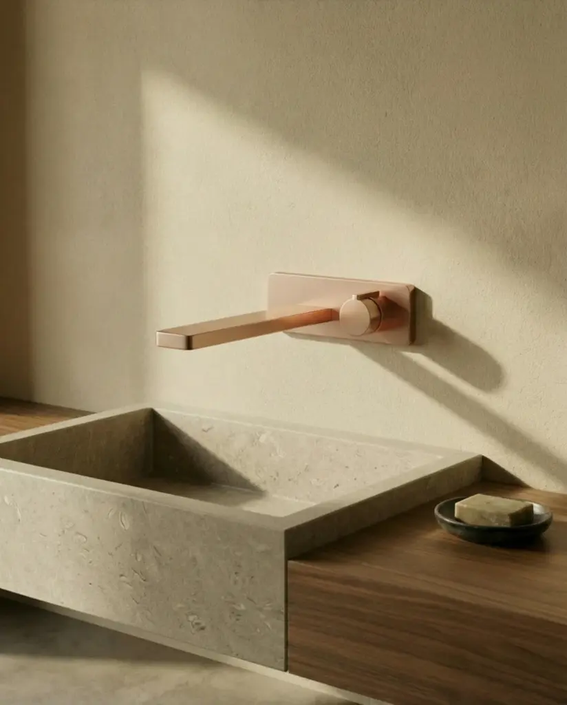 Robinet mitigeur lavabo mural encastré or rose mat, Carrousel