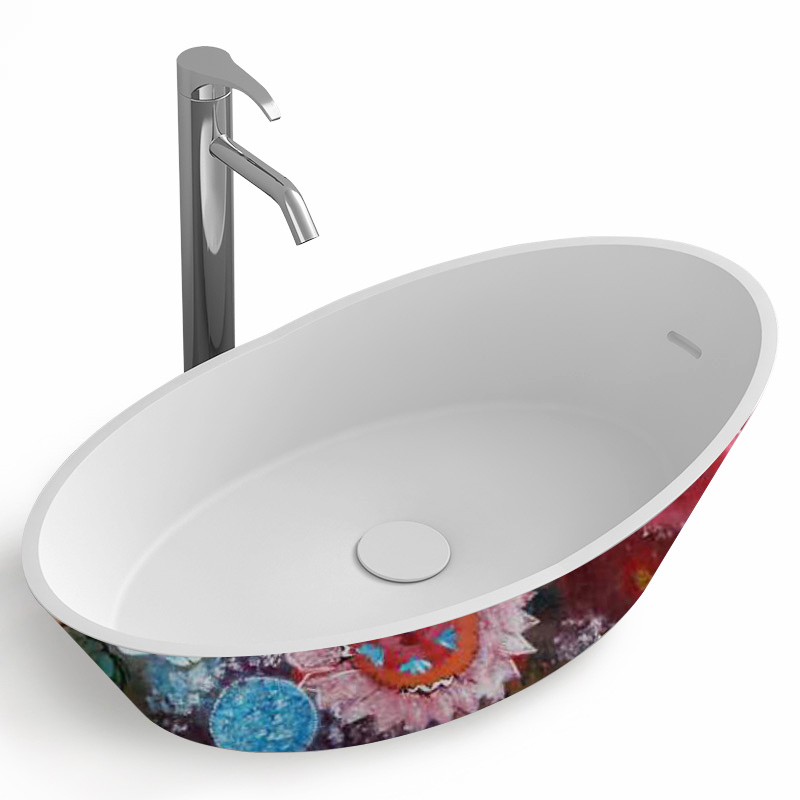 Vasque à poser 68x38 cm, décor fleurs en résine minérale, Louise