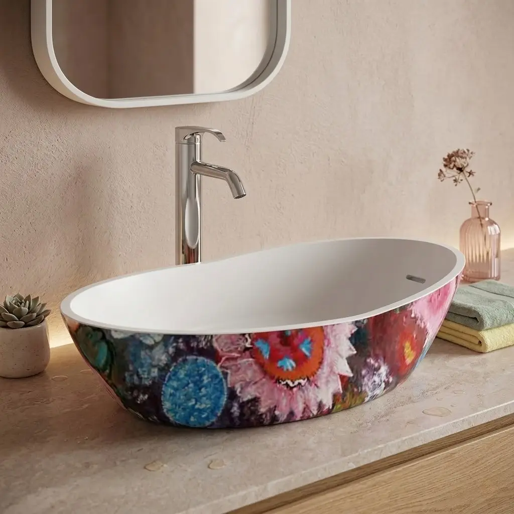 Vasque à poser 68x38 cm, décor fleurs en résine minérale, Louise