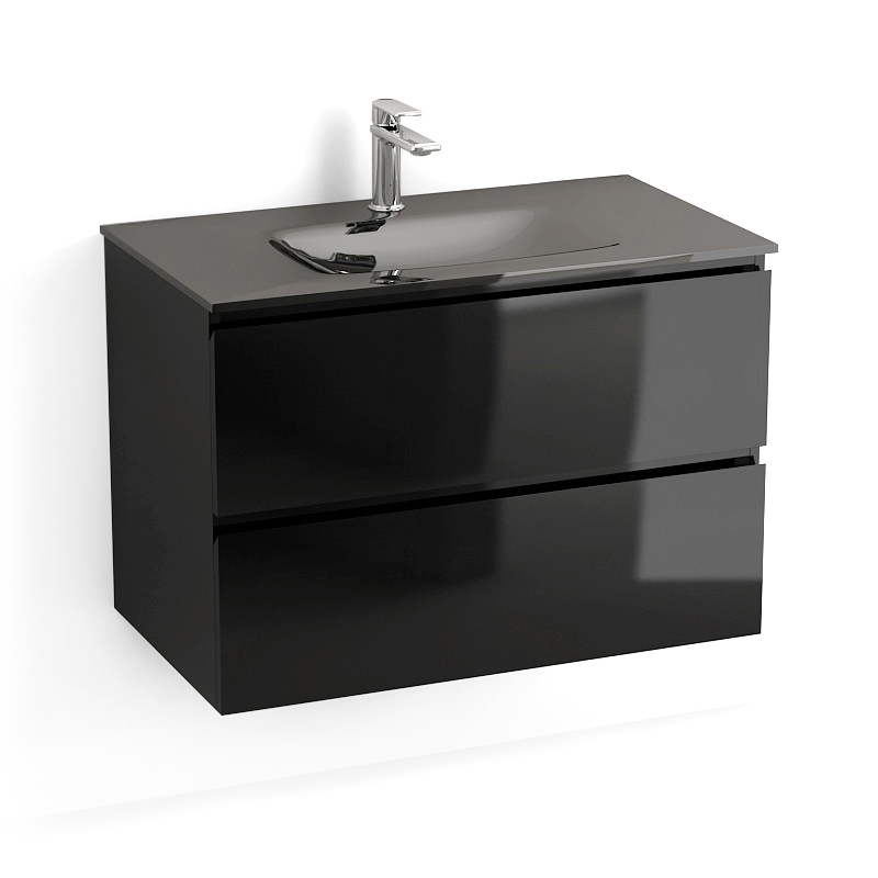 Meuble Salle de Bain suspendu, noir brillant, 80 cm, plan verre, Glass3