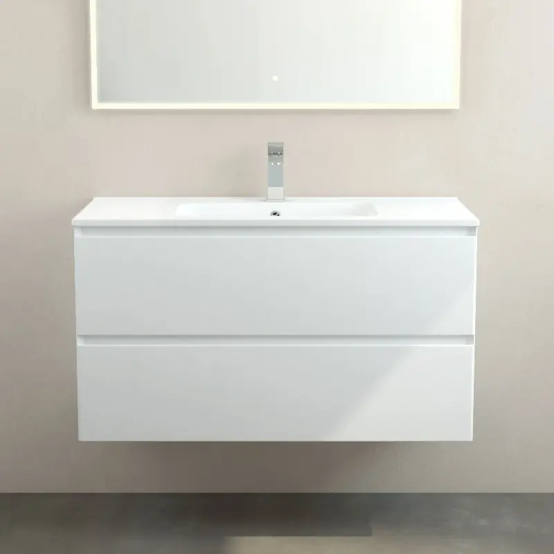 Meuble suspendu 100cm et plan vasque céramique, 2 tiroirs, blanc mat, One