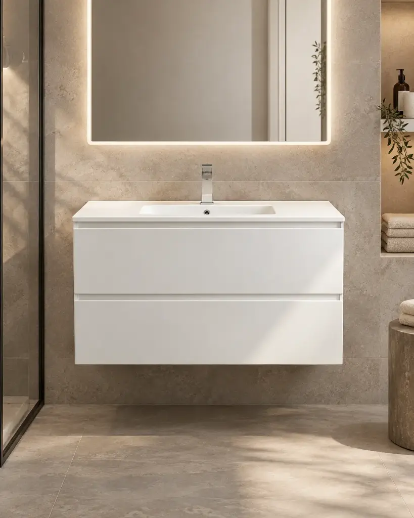 Meuble suspendu 100cm et plan vasque céramique, 2 tiroirs, blanc mat, One