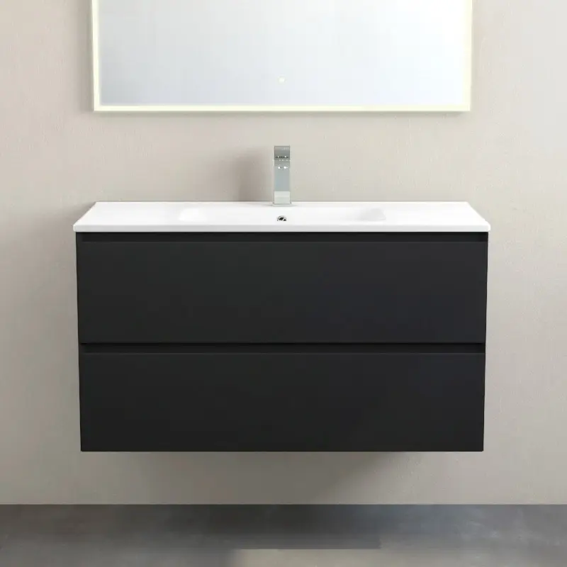 Meuble suspendu 100cm noir mat et plan vasque céramique blanc, One