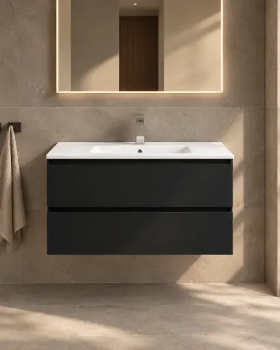 Meuble suspendu 100cm noir mat et plan vasque céramique blanc, One