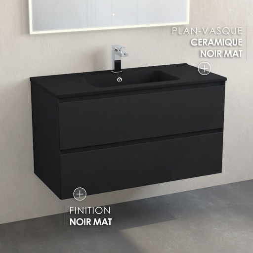Meuble suspendu 100cm noir mat et plan vasque céramique noir mat, One