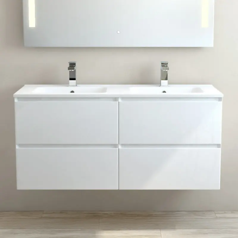 Meuble suspendu double vasque céramique 120 cm, blanc brillant, One