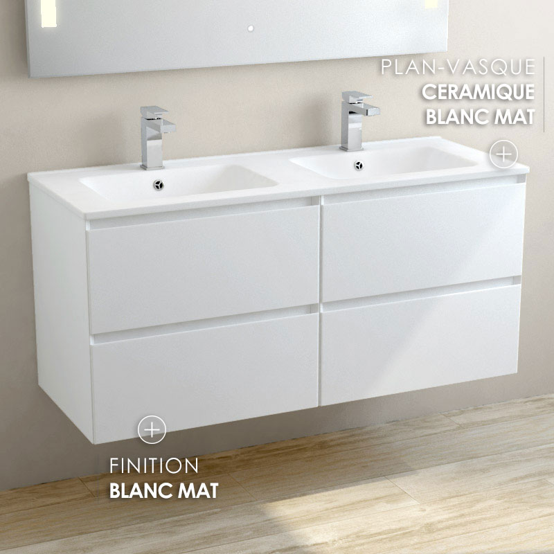 Meuble suspendu double vasque céramique mat 120 cm, blanc mat, One