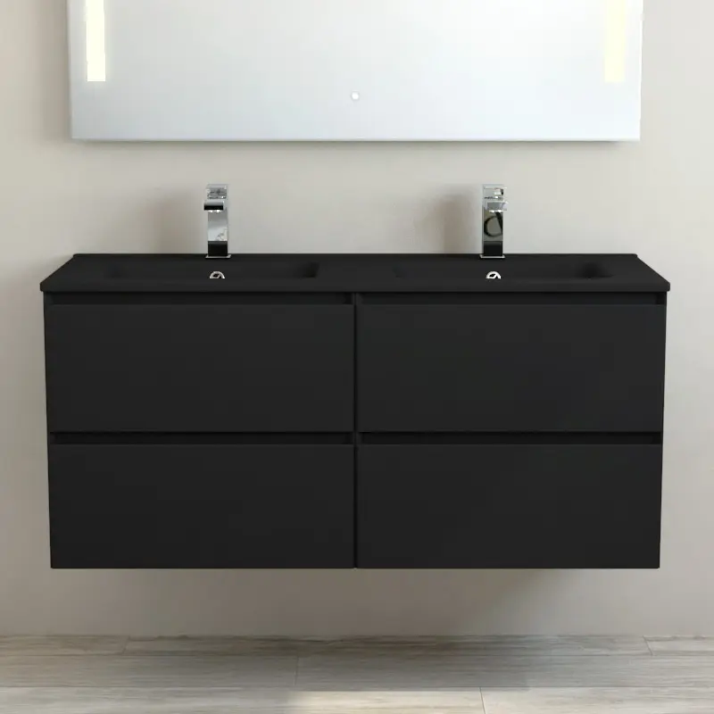 Meuble suspendu double vasque céramique noir mat 120 cm, noir mat, One